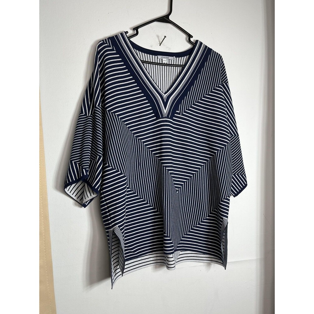 Chico's Sweater Tunic Womens L 2 Blue Stripe V Neck Dolman Knit 3/4 Sleeve